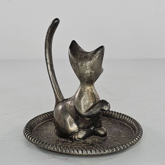 Vintage Silver Plated Cat Kitten Ring Holder Jewelry Dish Hong Kong - Picture 4 of 8